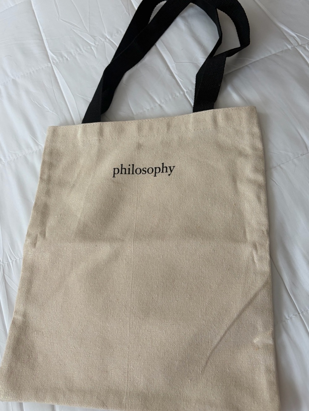 Philosophy Small Shimmer Beige Canvas Tote with Black Straps